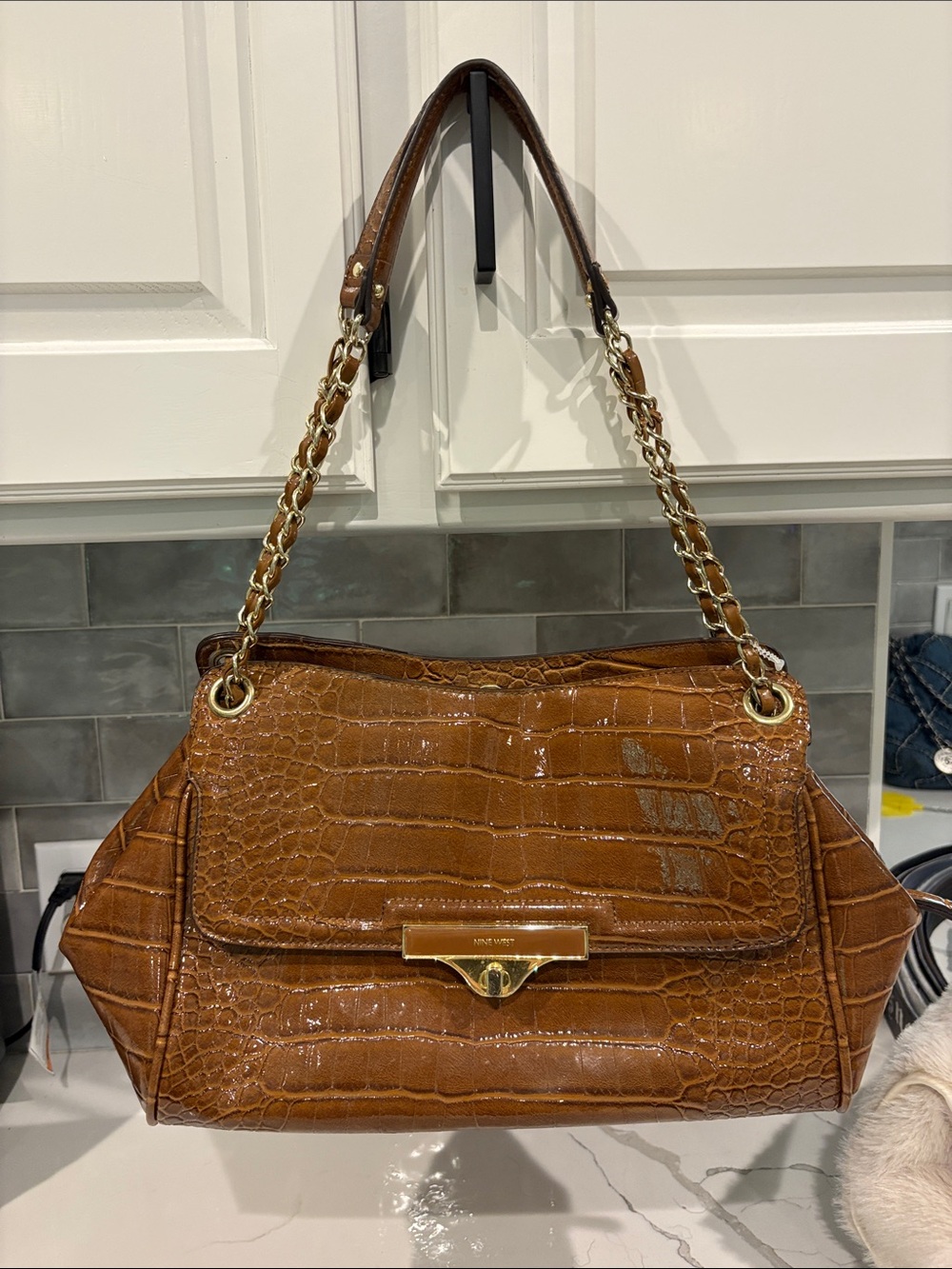 Nine West Cognac Croc-Embossed Shoulder Bag with Gold Chain